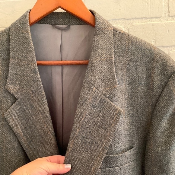 Vintage Blazer Men/Unisex Tweed Herringbone Plaid Wool Gray Teal Orange Sz 46R - Picture 9 of 11